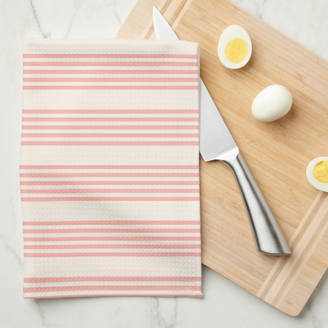 Coral and beige five stripe pattern kitchen towel (Quarter Fold)