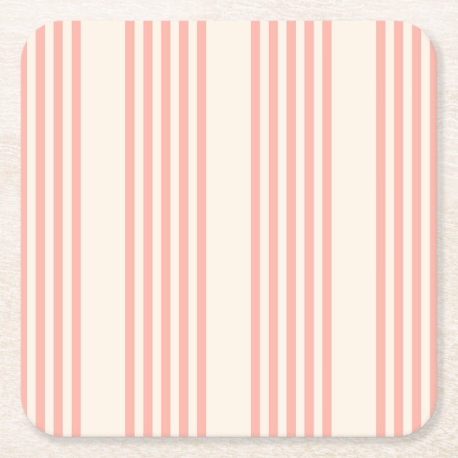 Coral and beige five stripe pattern square paper coaster (Front)