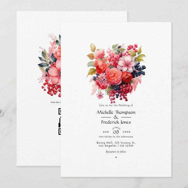 Coral and Berry Floral Spring Wedding Invitation (Front/Back)