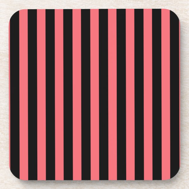 Coral and black candy stripes beverage coaster (Front)