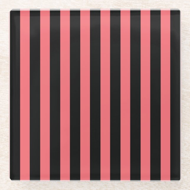 Coral and black candy stripes glass coaster (Front)
