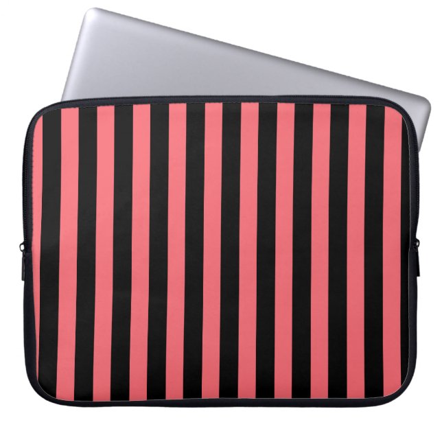 Coral and black candy stripes laptop sleeve (Front)