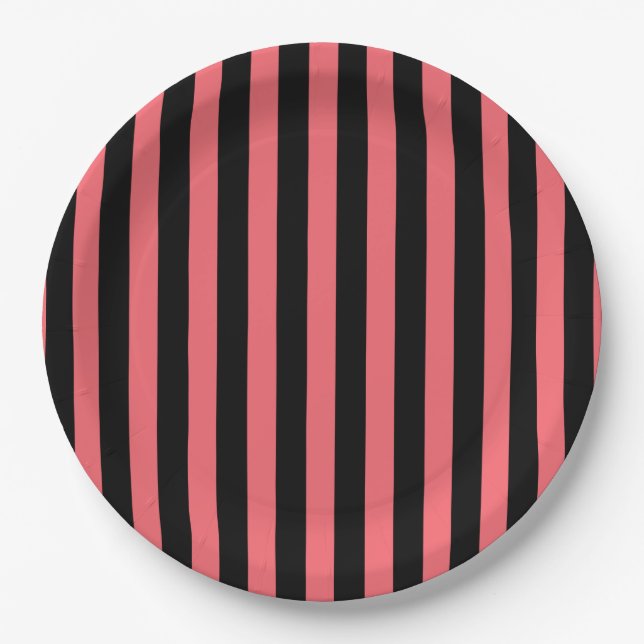 Coral and black candy stripes paper plates (Front)