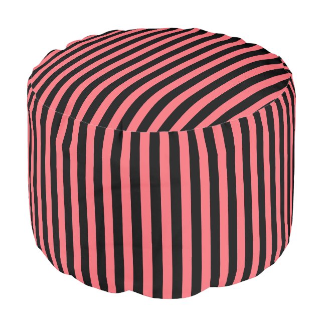Coral and black candy stripes pouf (Angled Front)