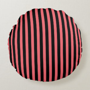 Coral and black candy stripes round pillow