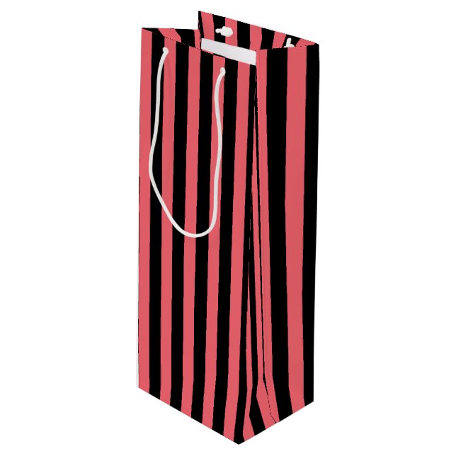 Coral and black candy stripes wine gift bag (Front Angled)