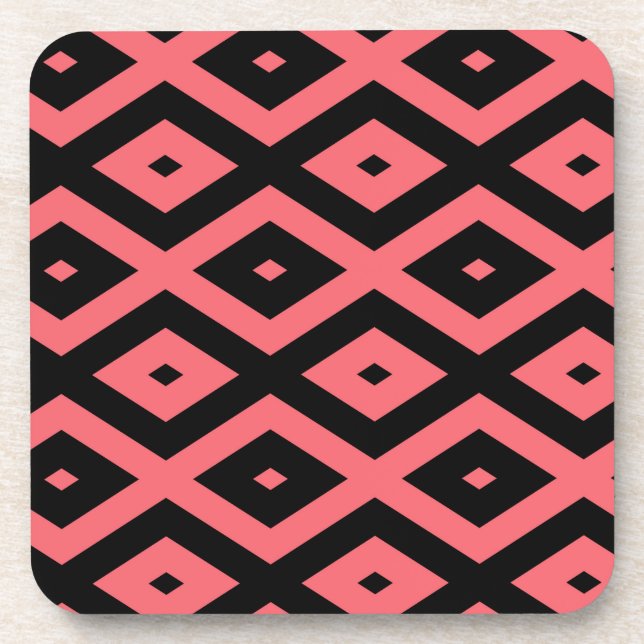Coral and black diamond pattern beverage coaster (Front)