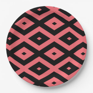 Coral and black diamond pattern paper plates
