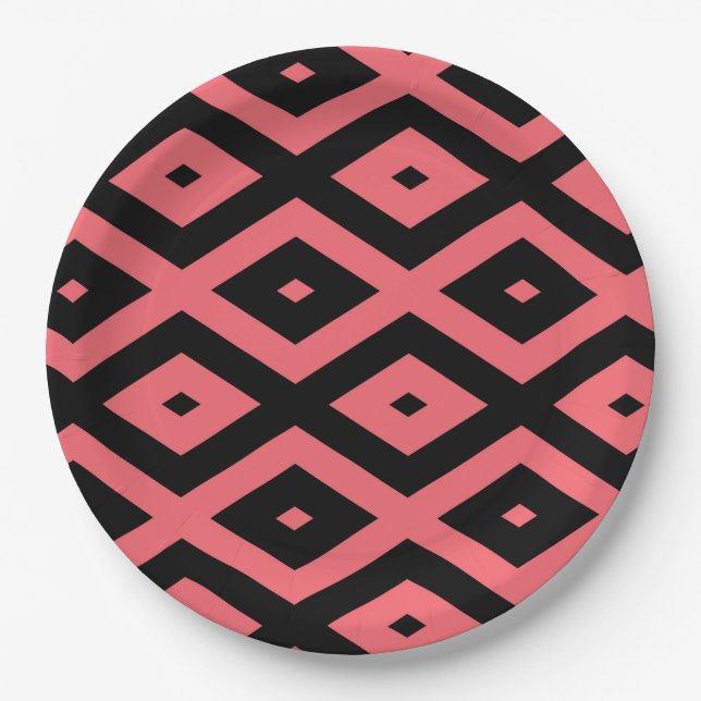 Coral and black diamond pattern paper plates (Front)