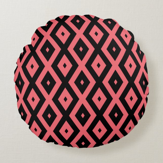 Coral and black diamond pattern round pillow (Front)
