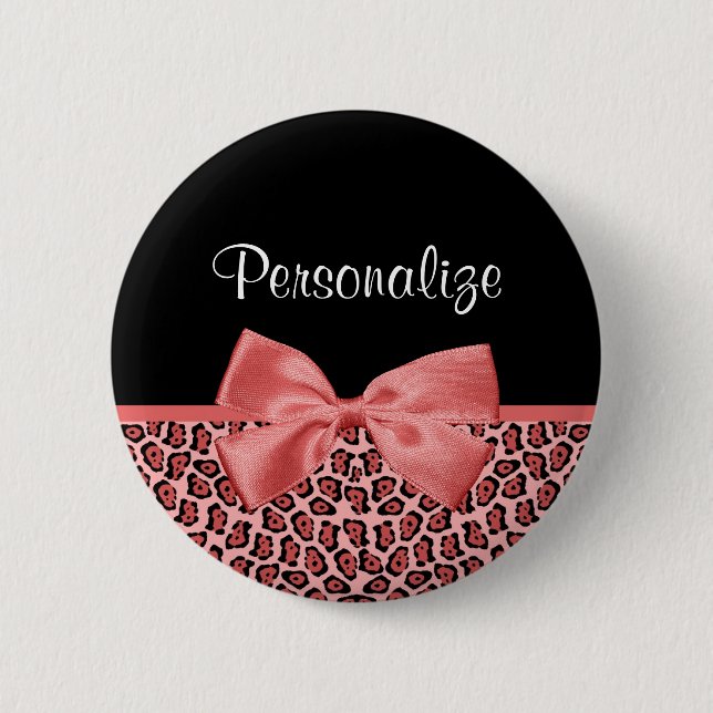 Coral and Black Jaguar Print Cute Bow With Name Button (Front)