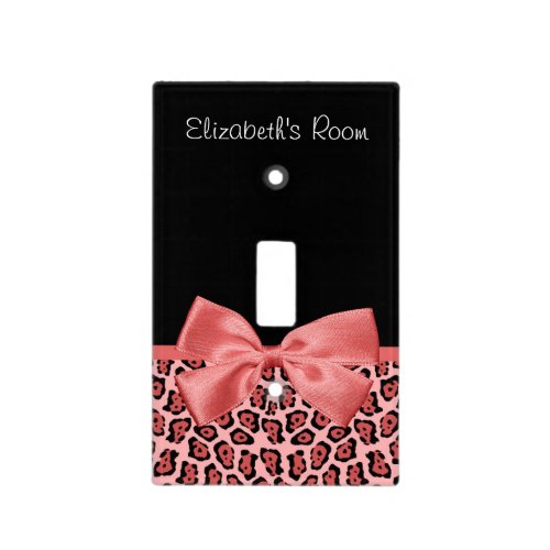 Coral and Black Jaguar Print Cute Bow With Name Light Switch Cover