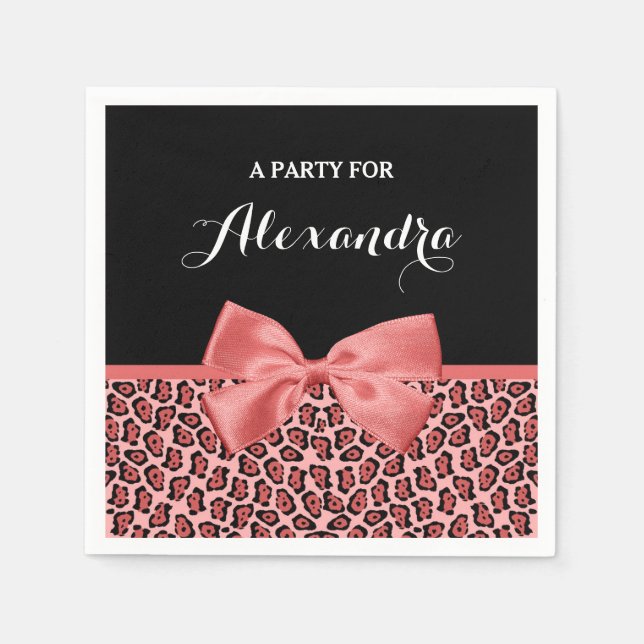 Coral and Black Jaguar Print Cute Bow With Name Napkins (Front)