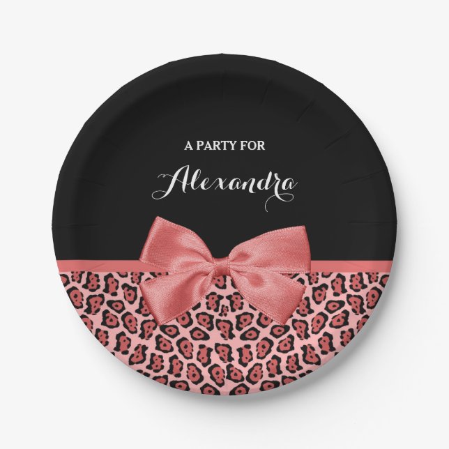 Coral and Black Jaguar Print Cute Bow With Name Paper Plates (Front)