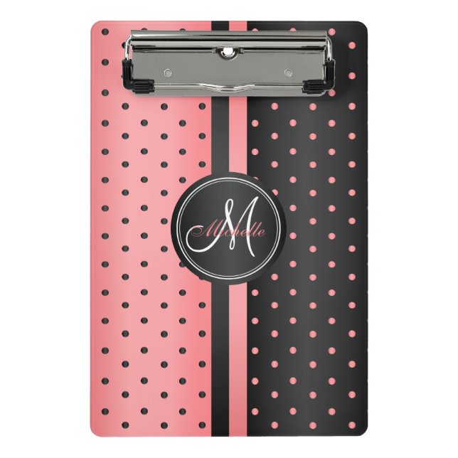 Coral and Black Polka Dots - Monogram Mini Clipboard (Front)