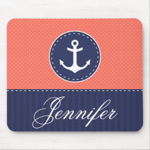 Coral and Blue Anchor Design Customizable Name Mouse Pad