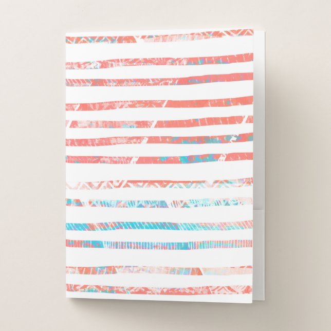 Coral and Blue Boho Aztec Striped Pattern Pocket Folder (Front)