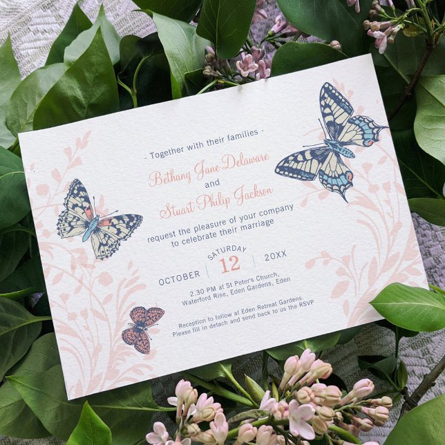 Coral and blue butterflies inked art wedding invitation (Creator Uploaded)