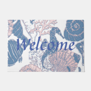 Coral and Blue Coastal Seashells Welcome Doormat