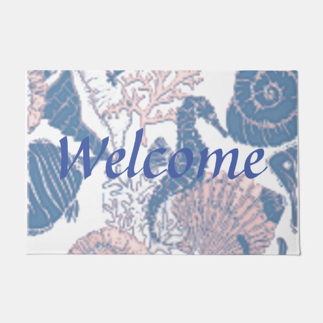 Coral and Blue Coastal Seashells Welcome Doormat (Front)