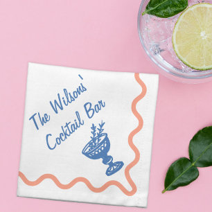 Coral and Blue Hand Drawn Cocktail Glass Custom Cloth Napkin