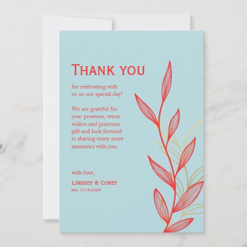 Coral and Blue Leaf Thank You Card for Wedding