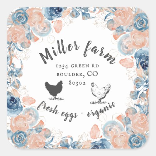 coral and blue peonies farmhouse egg carton square sticker