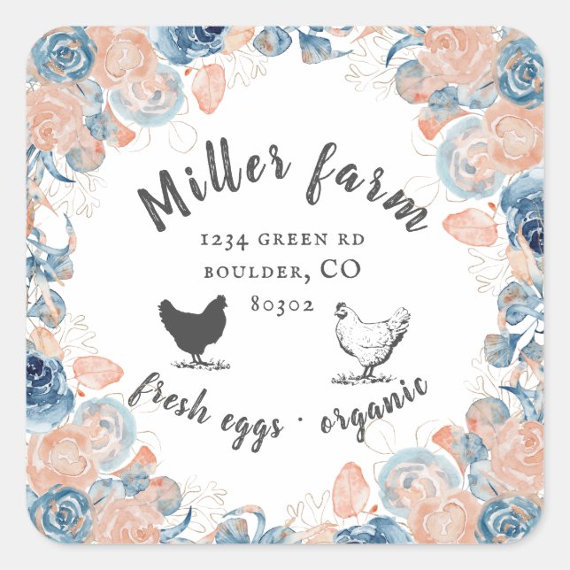 coral and blue peonies farmhouse egg carton square sticker (Front)