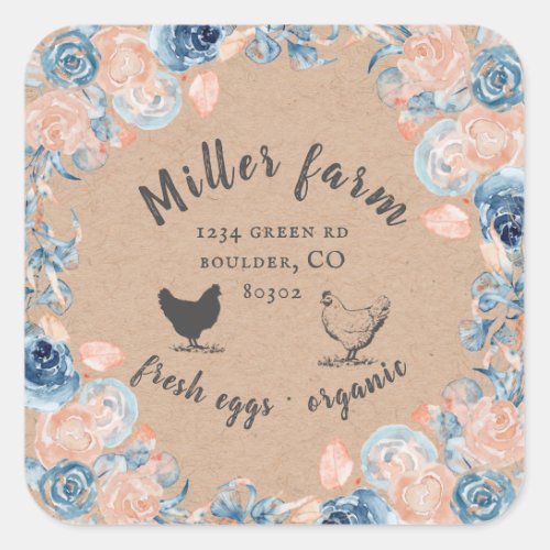 coral and blue peonies farmhouse egg carton square sticker