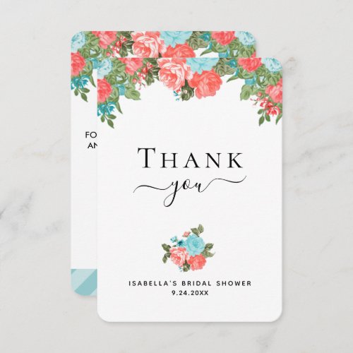 Coral and Blue Teal Floral  Thank You Card