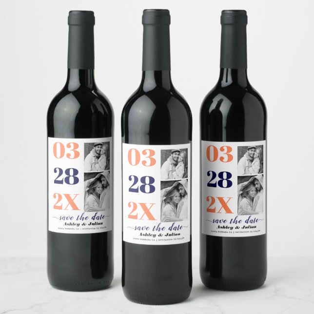 Coral and blue two photo Save the Date Wine Label (Bottles)