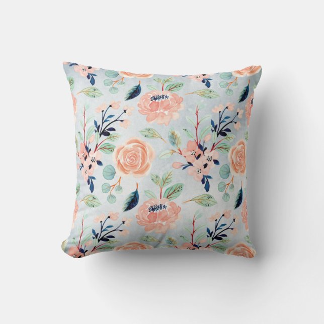 Coral and Blue Wildflowers and Roses Throw Pillow (Front)