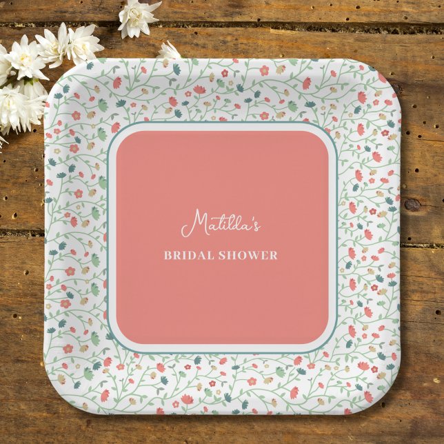 Coral and Blue Wildflowers  BRIDAL SHOWER Paper Plates (Creator Uploaded)