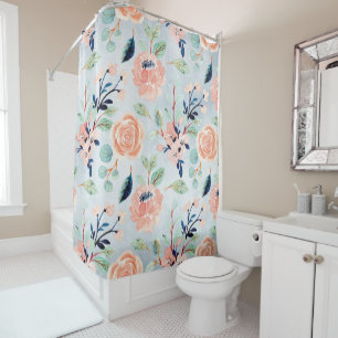Coral and Blue Wildflowers Shower Curtain