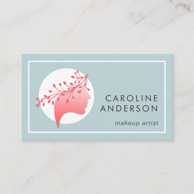 Coral and Blue Woman Silhouette Business Card (Front)