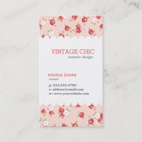 Coral and Blush Chic Vintage Floral Print Business Card