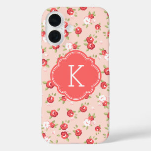 Coral and Blush Chic Vintage Floral Print Monogram iPhone 16 Case