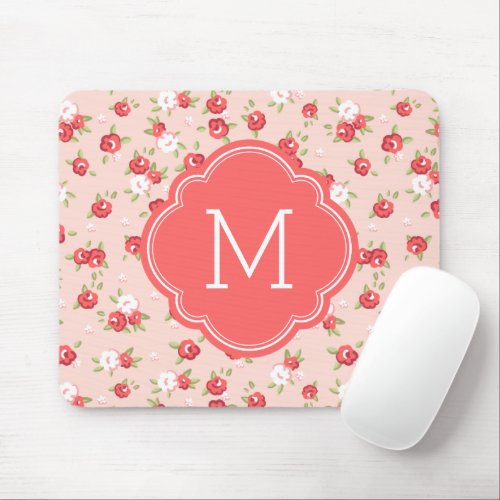 Coral and Blush Chic Vintage Floral Print Monogram Mouse Pad