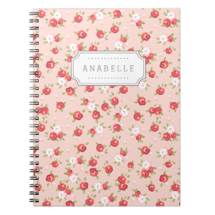 Coral and Blush Chic Vintage Floral Print Monogram Notebook