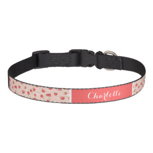 Coral and Blush Chic Vintage Floral Print Monogram Pet Collar