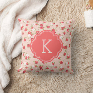Coral and Blush Chic Vintage Floral Print Monogram Throw Pillow