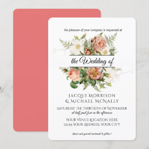 Coral and Blush Peony, Roses w Fern Wreath Wedding Invitation