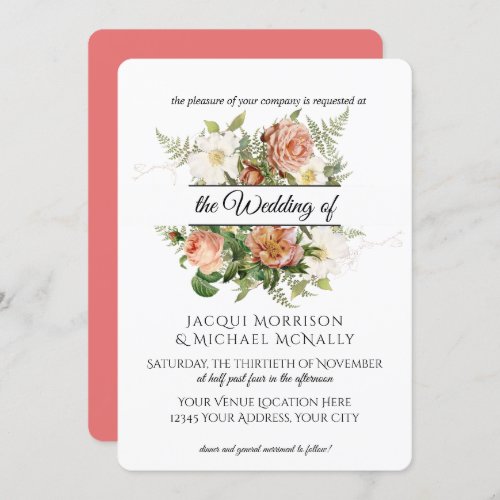 Coral and Blush Peony Roses w Fern Wreath Wedding Invitation