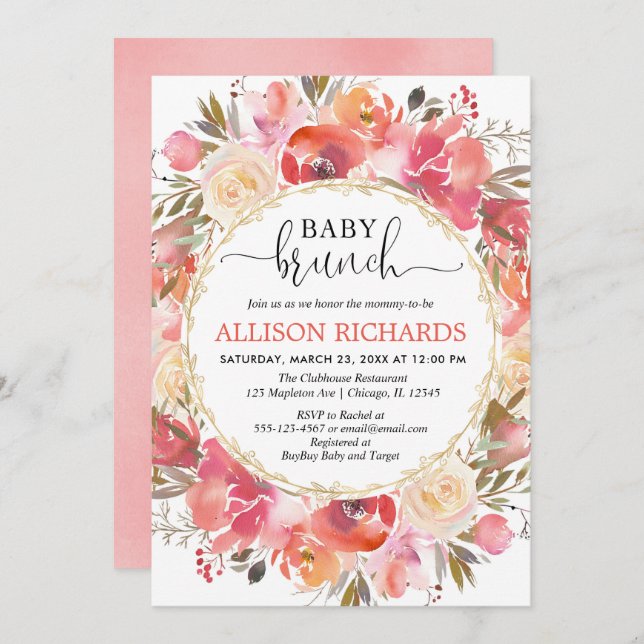 Coral and blush pink girl baby brunch shower invitation (Front/Back)