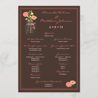 Coral and Brown Mason Jar Wedding Program