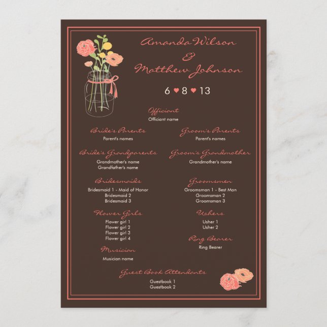 Coral and Brown Mason Jar Wedding Program (Front)