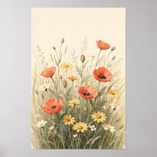 Coral and Butter Yellow Wildflower Meadow Poster