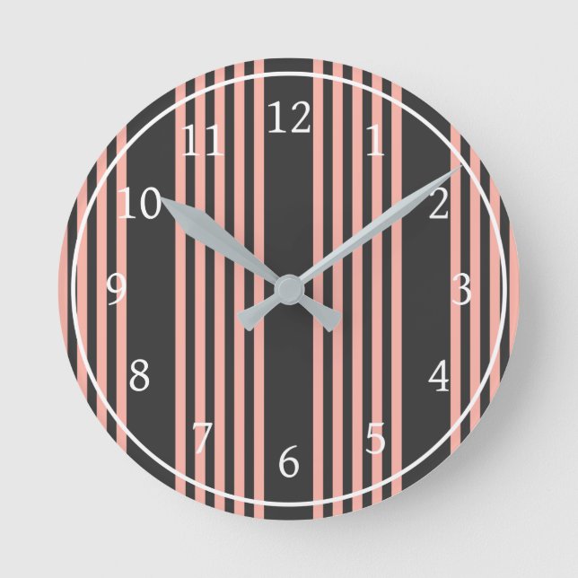 Coral and charcoal five stripe pattern round clock (Front)
