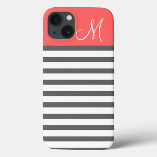 Coral and Charcoal Preppy Stripes Custom Monogram iPhone 13 Case