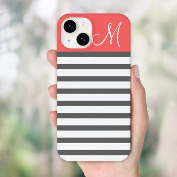 Coral And Charcoal Preppy Stripes Custom Monogram Case-mate Iphone 14 Case by jenniferstuartdesign at Zazzle